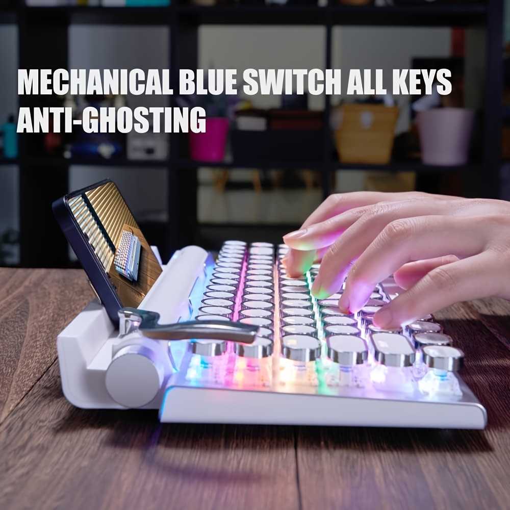 retro typewriter mechanical keyboard wired and wireless 5 0 compact led color light 80 layout keyboard hot swappable axis body can be plugged and unplugged pbt round keycaps details 1