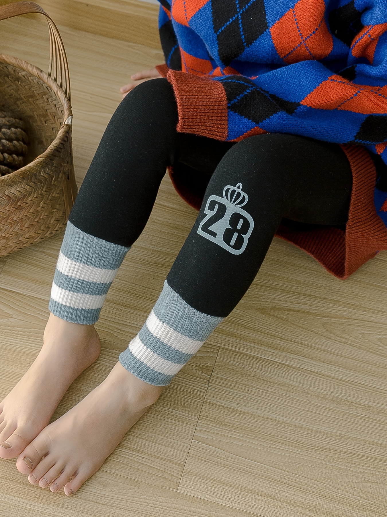Girls Stretch Soft Fleece Warm Leggings Footless Tights Number Print  Striped Pants Kids Clothes