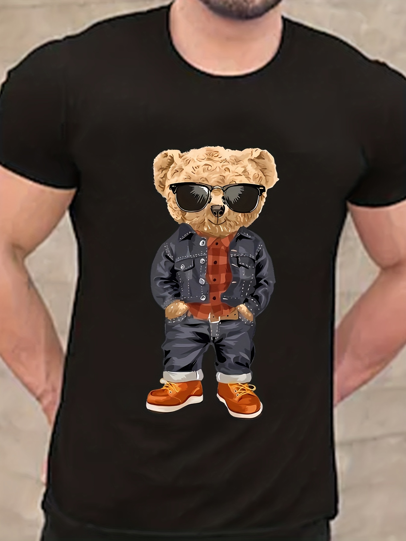 Tees For Men, Denim Teddy Bear Print T Shirt, Casual Short Sleeve