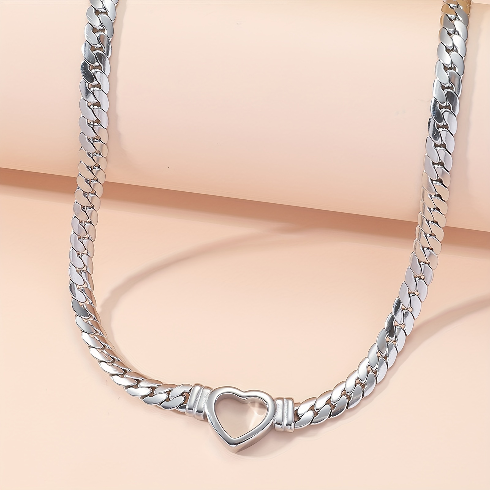 2pcs Stainless Steel Trendy Cuban Chain Heart Necklace, Hollow Flat Plain  Snake Chain Love Necklace Bracelet, Gift For Men And Women Jewelry Set