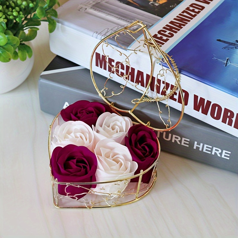 Image of 6pcs Iron Basket Rose Soap Flower Gift Box Activity Creative Small Gift Flower For Wedding Valentine's Decora, Scented Soap Rose Flower Petals Soap Gift With Metal Basket For Birthday Valentine Red