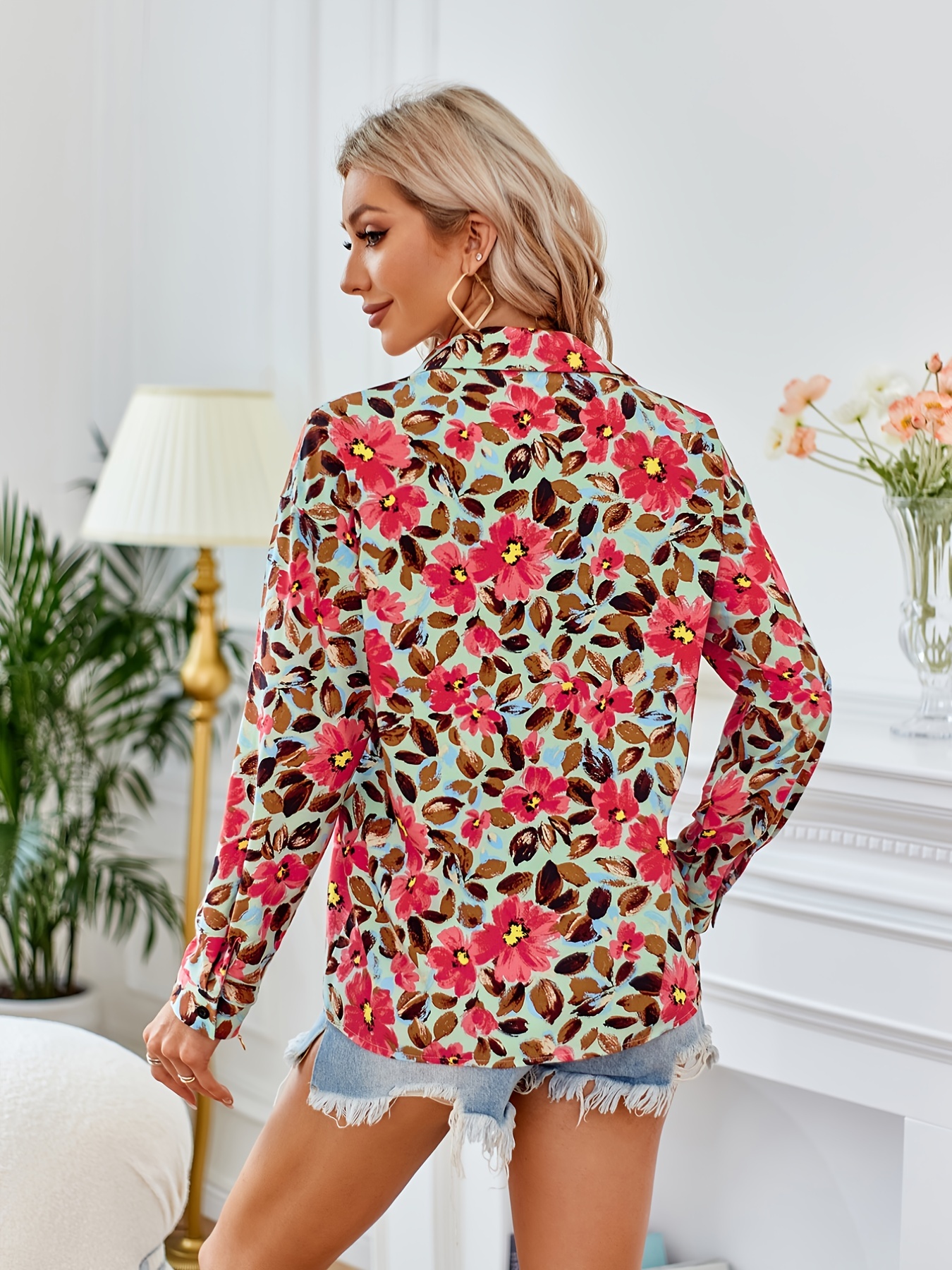 Geo Print V neck Loose Lapel Blouses Casual Button Long - Temu