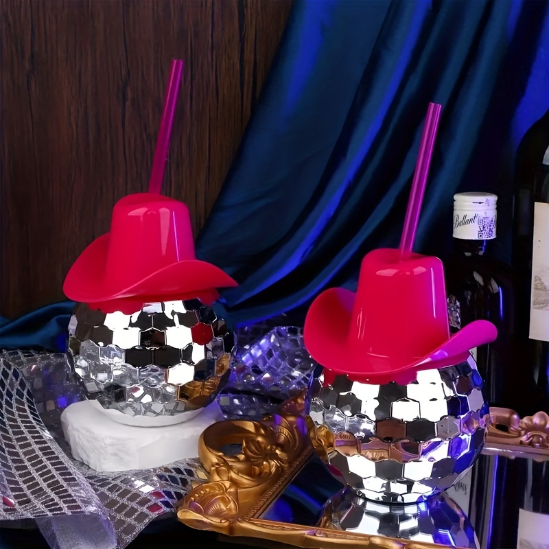 1 Stück, Cowboy-Discokugel-Becher Mit Deckel Und Strohhalm, Glänzende  Silberne Kugelförmige Wasserflasche Mit Süßem Rosa Hut, Party-Wasserbecher  Im