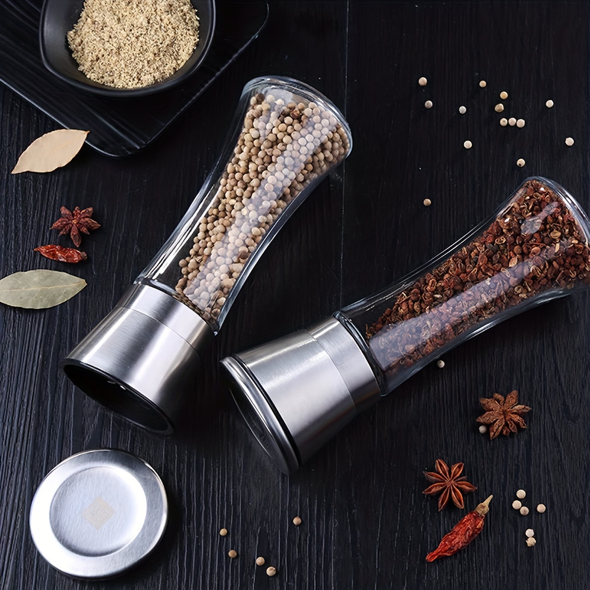 2pcs Glass Pepper & Salt Grinder Manual Mill Spice Crusher Bottle