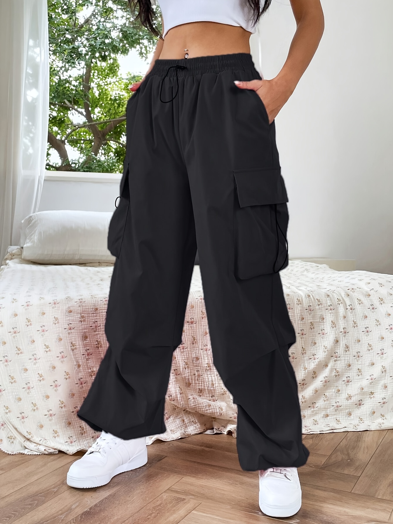 Solid Flap Pockets Wide Leg Cargo Pants, Casual Drawstring Pants For Spring  & Fall, Women's Clothing