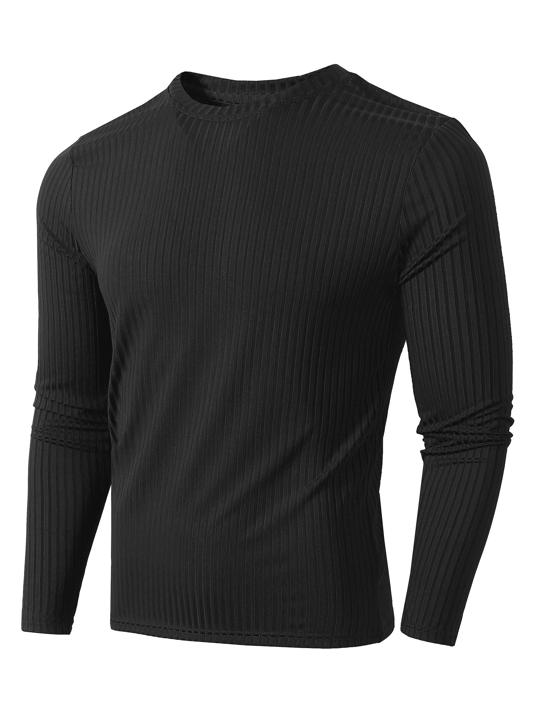 Mens Casual Long Sleeve Ribbed T-shirt Solid Color Stretch