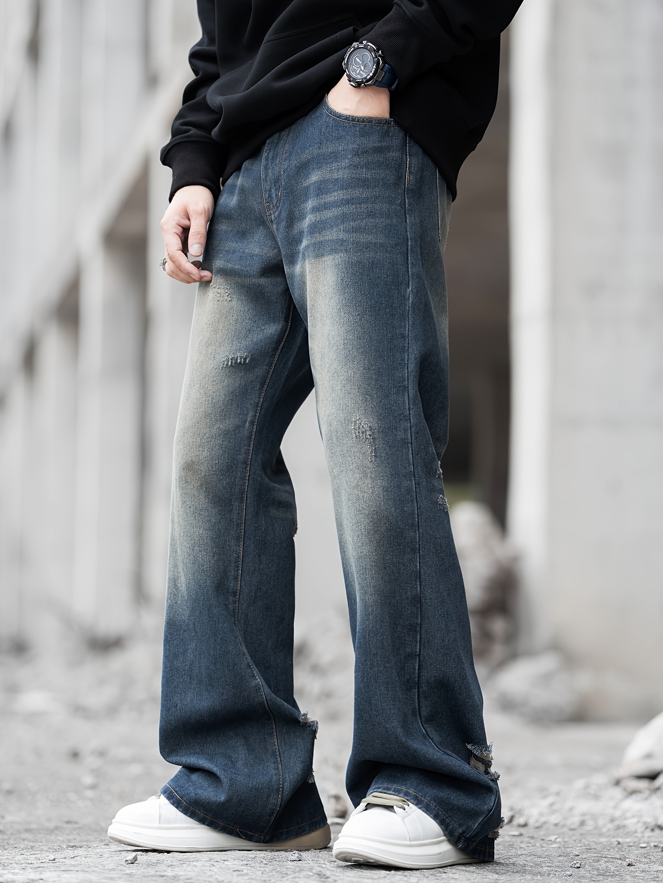 Men's Casual Loose Fit Jeans, Street Style Retro Distressed Flared Jeans