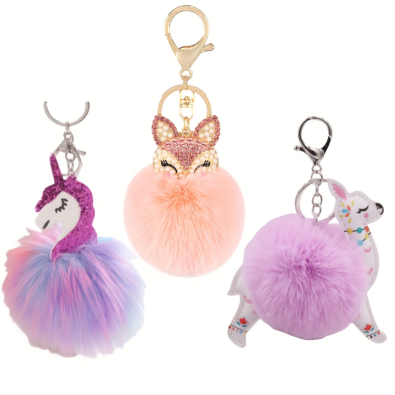 Unicorn with Faux Fur Fluffy PomPom Bag Charm Keychain for Women