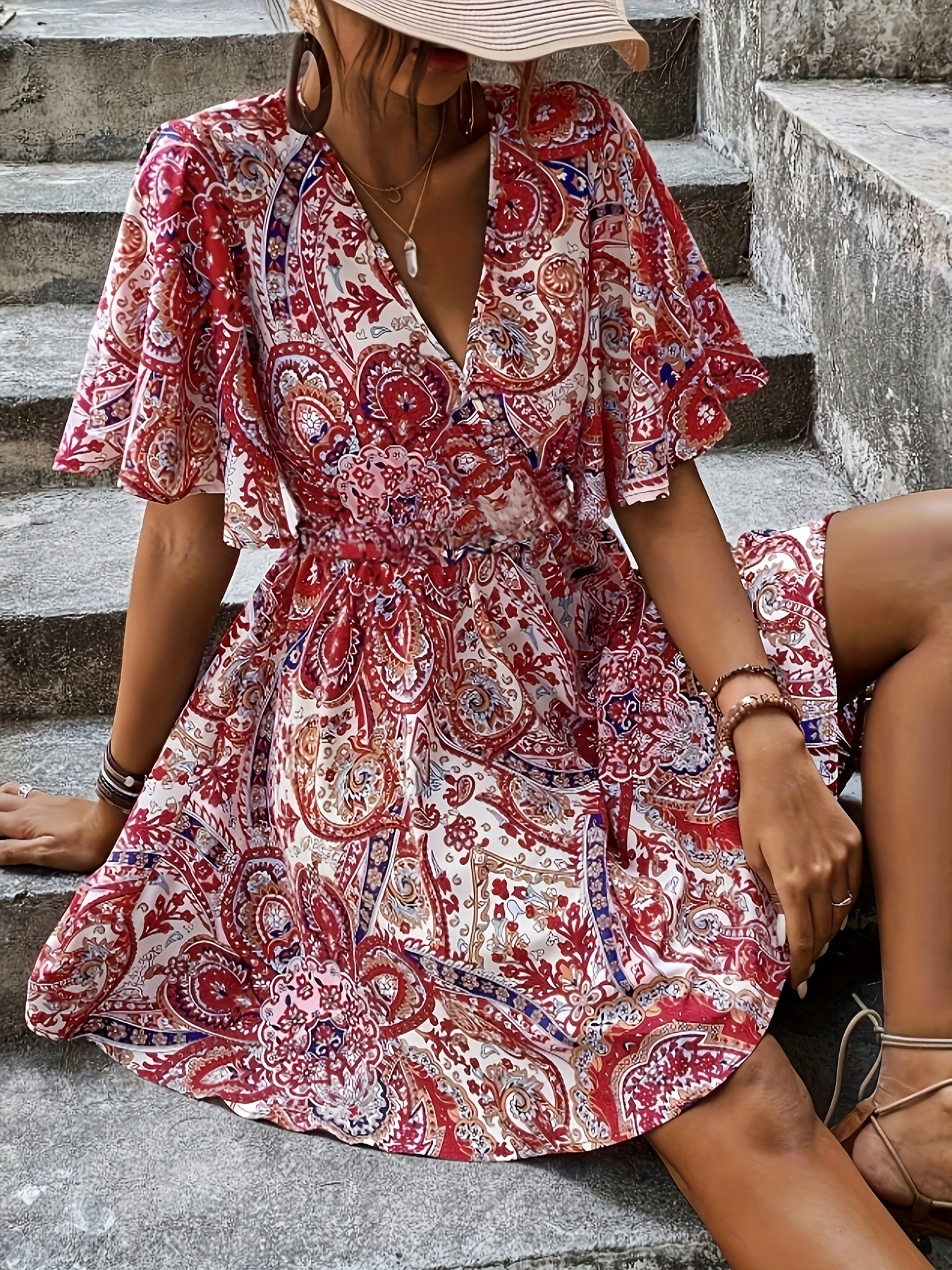 Moxiu Daily Deals,Bohemian Dresses for Women 2023,Womens Summer Dress  Casual Floral Print Midi Dress Button V Neck Short Sleeve Dresses Flowy  Boho Beach Party Sundress 
