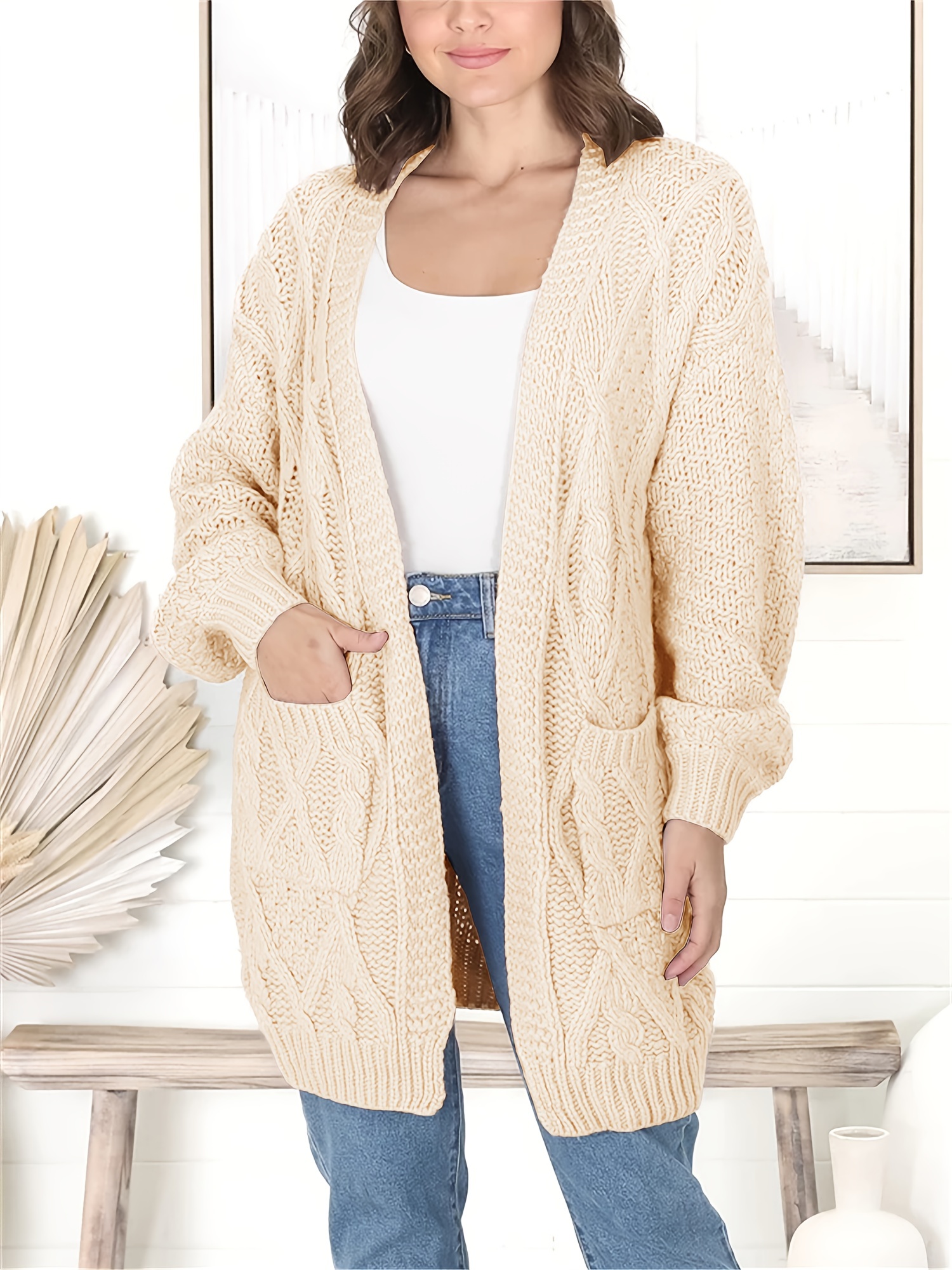 Plus Size Cable Knit Two Pocket Long Duster Cozy Chic Cardigan