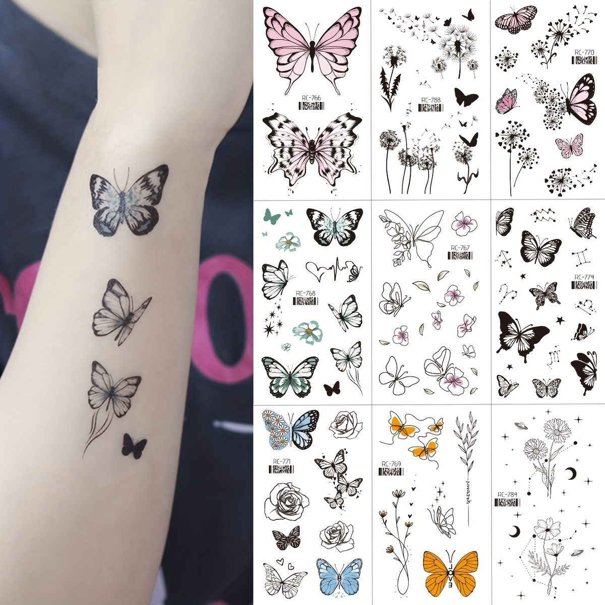 Tattoo Sticker Flower Butterfly Pattern Plus Floral Arm - Temu