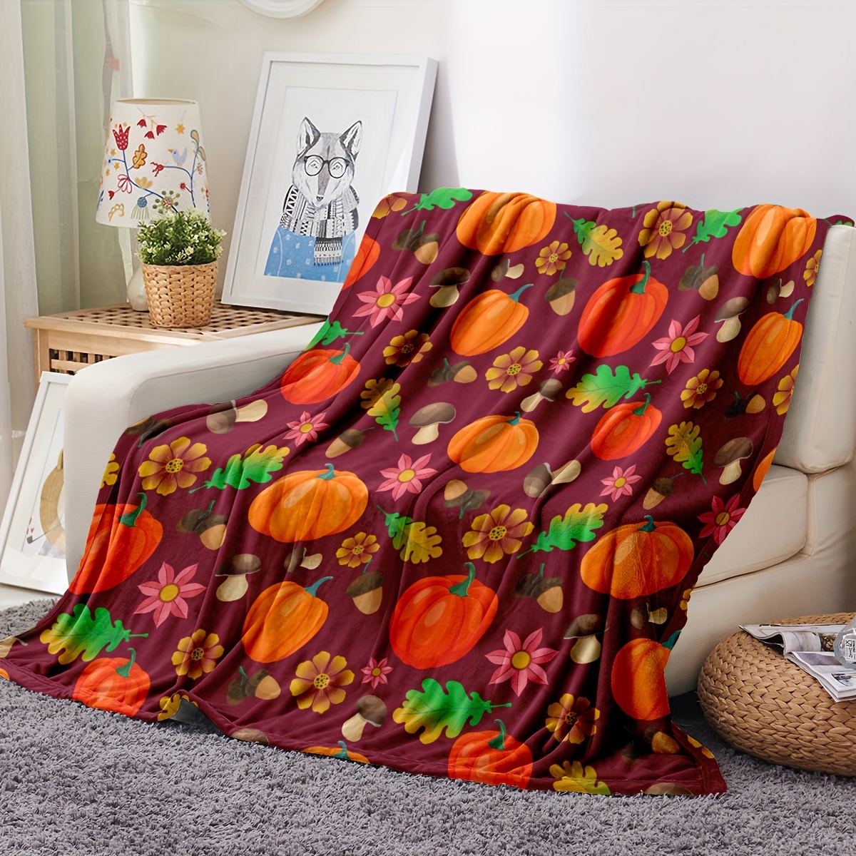 Halloween Theme Blanket Pumpkin Leaf Print Flannel Blanket - Temu Australia