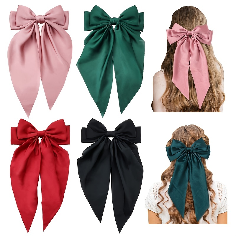 2PCS Silky Satin Hair Bows Pink Hair Ribbon Clips for women Ponytail Holder  Hair Accessories Alligator Clips Hair Bow for Women Girls Toddlers Teens
