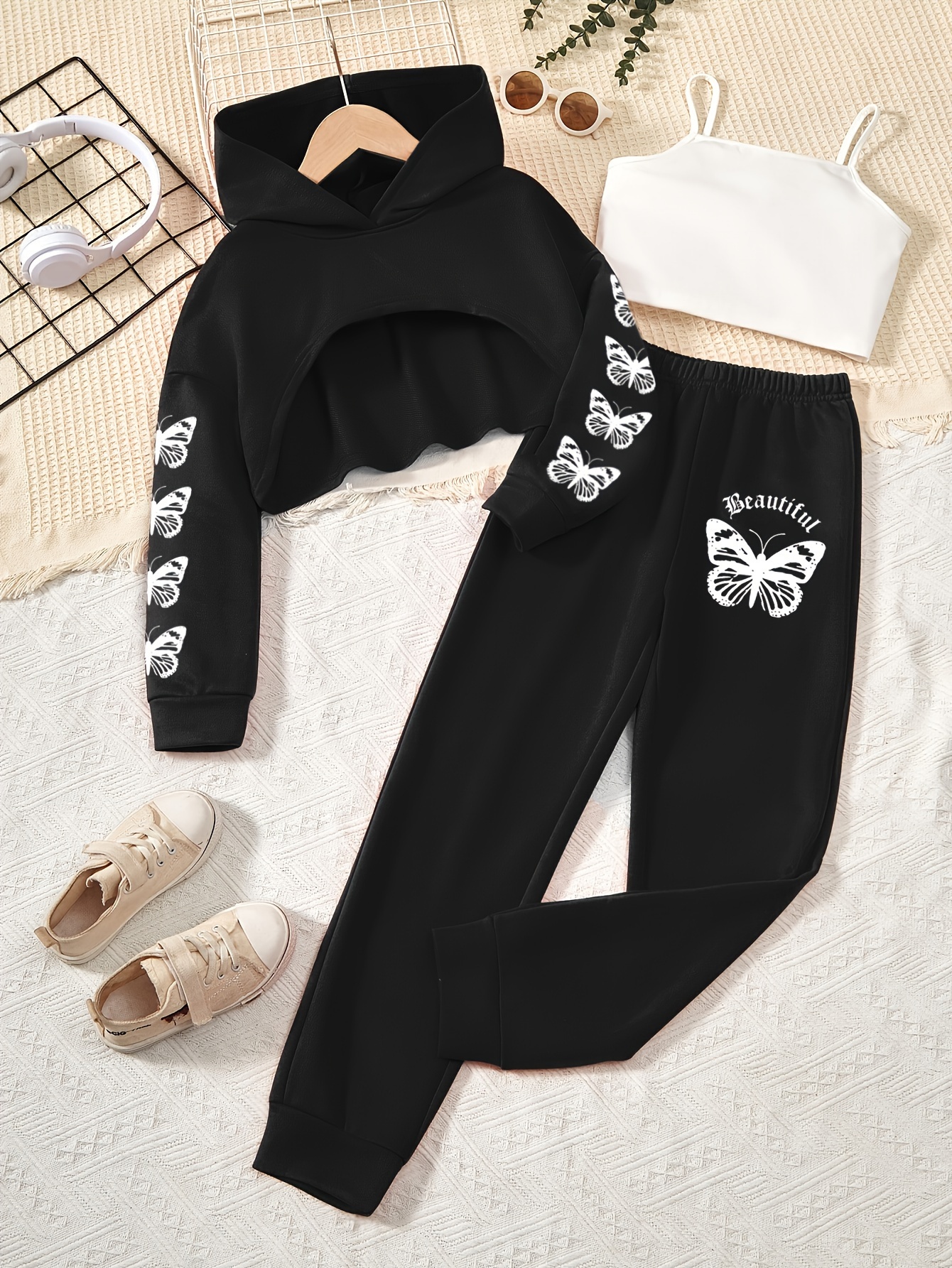 Butterfly Sets Girls Hoodies + Tank Top + Jogger Pants Kids - Temu Canada