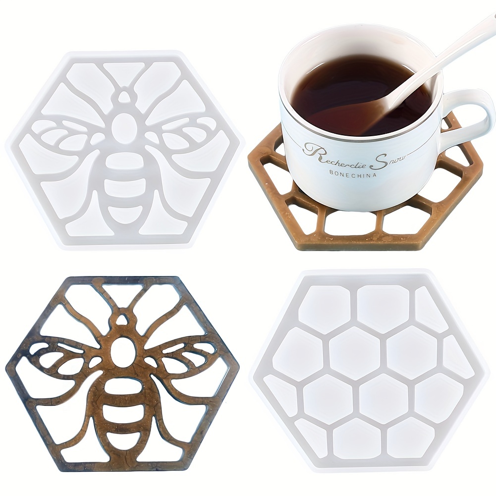 Honey Bee Coasters Set of 8 Coasters & Holder Honeycomb Coasters Wood Resin  Coasters Bee Decor Bee Kitchen Handmade 
