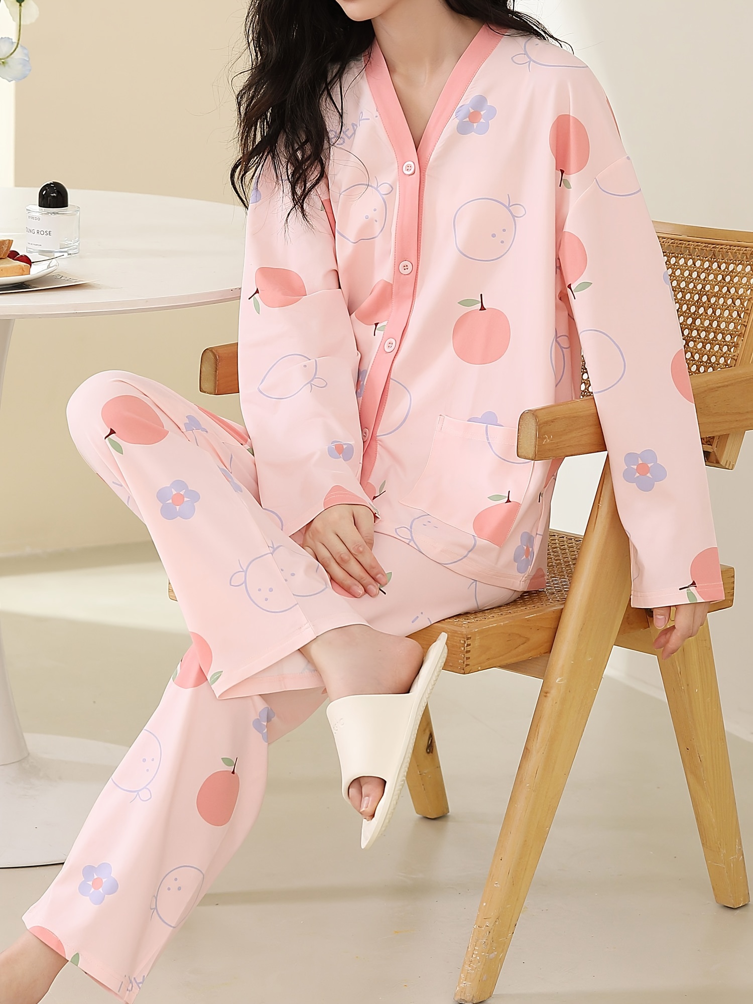 Cute Orange Fruit Print Summer Pajamas Set For Women Girls Short Sleeve  Loose Casual Sleepwear T