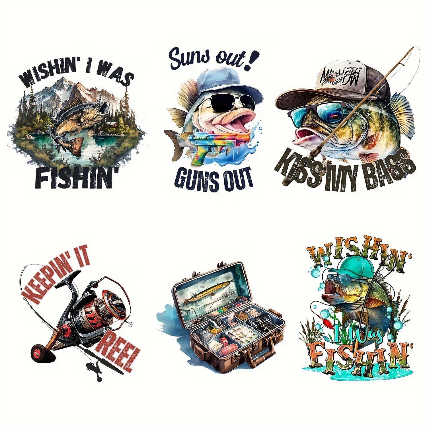 6pcs/set Fishing Man Designs DIY Iron On Transfers Stickers On T-shirts  Jackets Jeans Hoodies * Lover Heat Transfer Sticker For Clothing