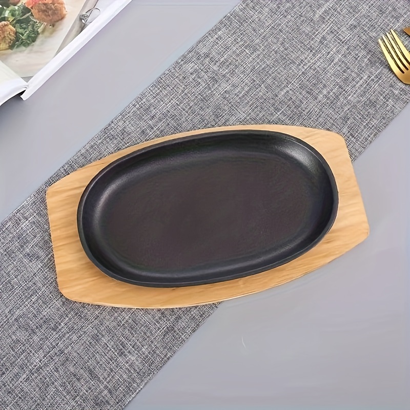 Oval Shape Cast Iron Steak Plate Sizzle Griddle with Wooden Base Steak Pan  Grill Fajita Server Plate Home or Restaurant Use Preseasoned Good Quality -  Beige