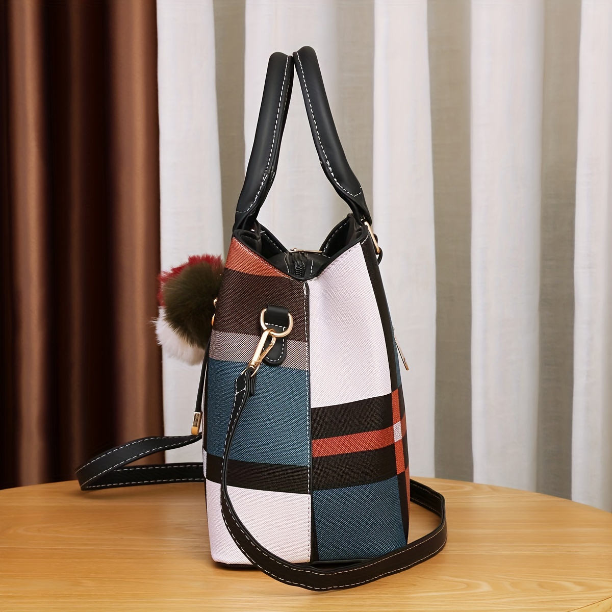 Black and White Purse Handbag with Shoulder Strap, Cute Checkered Check Plaid High Grade PU Leather Women Designer Handbag