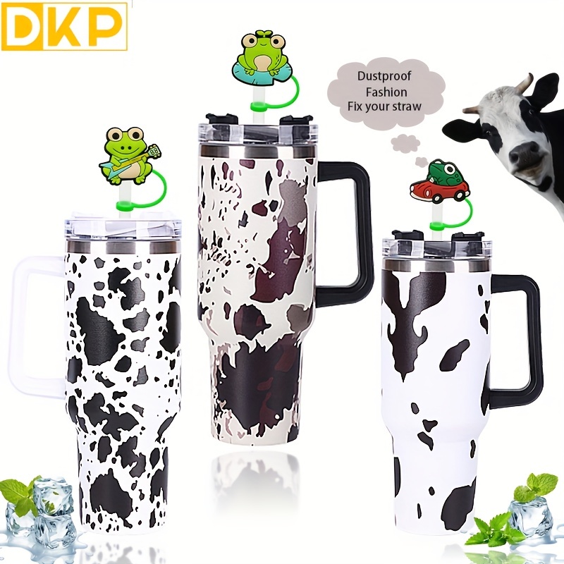 Cow Print Insulated Tumbler With Handle And Straw - Temu