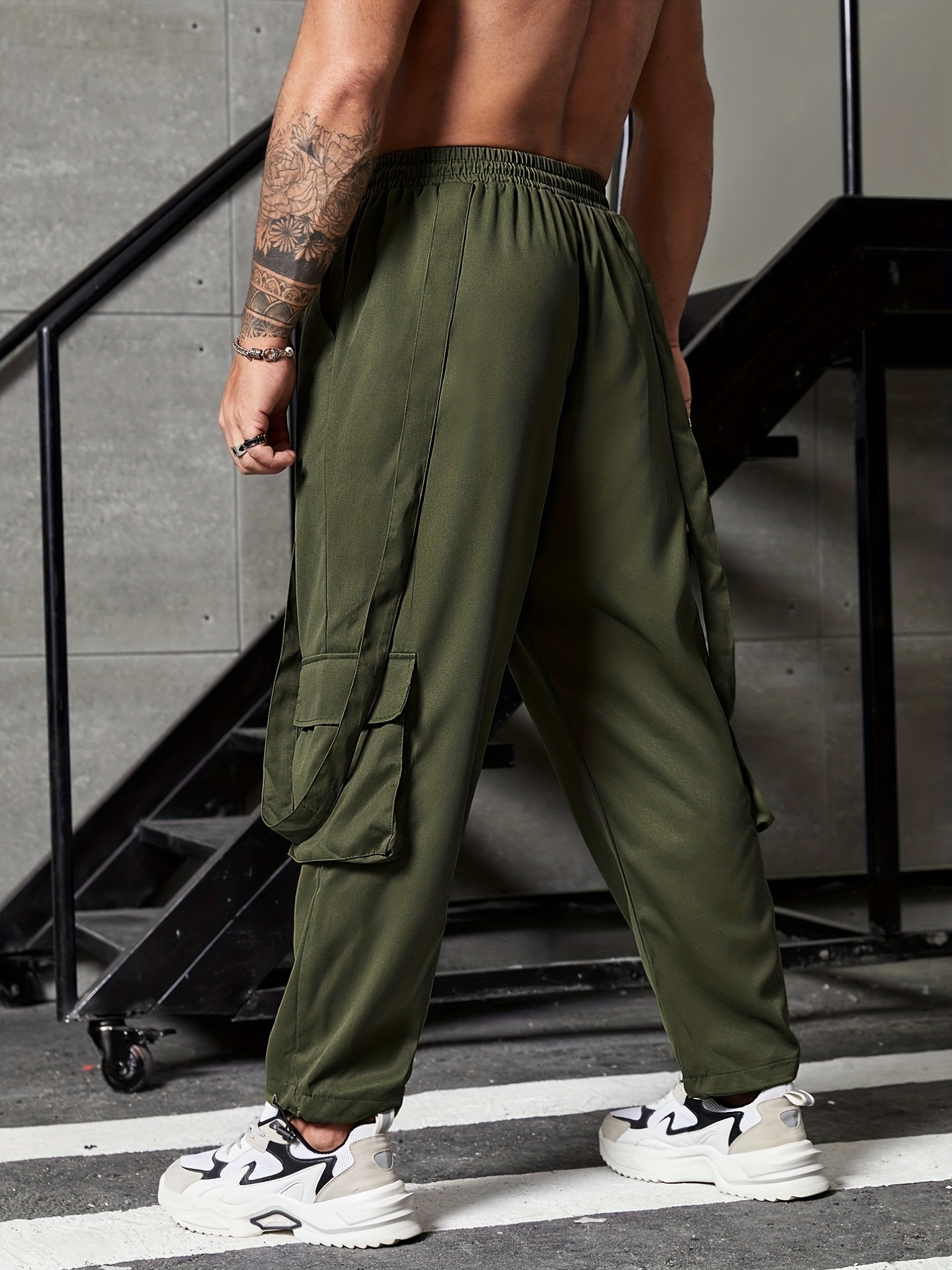 Plus Size Men's Cargo Trousers, Comfy Non Stretchy Army Green Cargo Pants,  Oversized Loose Clothings