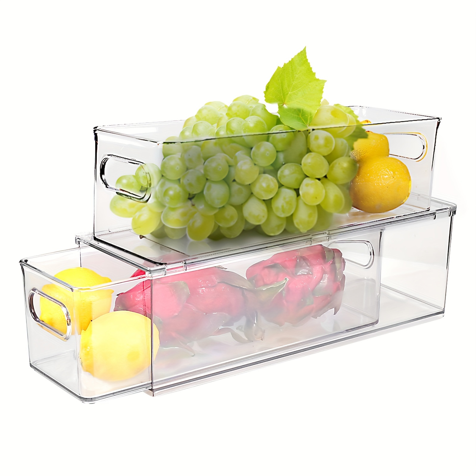 4 Pack StackableDrawers Fridge Organizer Bins with Pull Out Double Handle,  Divided Container Set Clear Refrigerator Storage Box Plastic Produce Saver