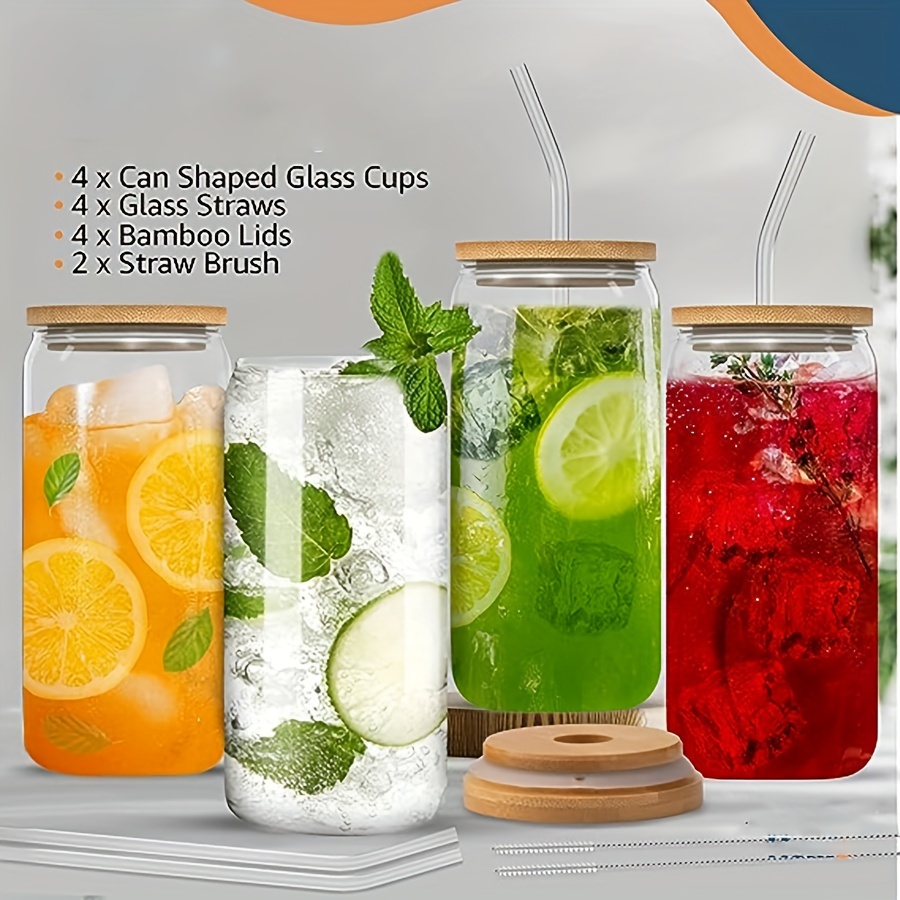 Drinking Glasses Set of 4 - Can Shaped Glass Sake Cups with Straws, 16oz Iced Coffee Glasses, Iced Tea Glasses, Tumbler Cup, Cocktail Glasses