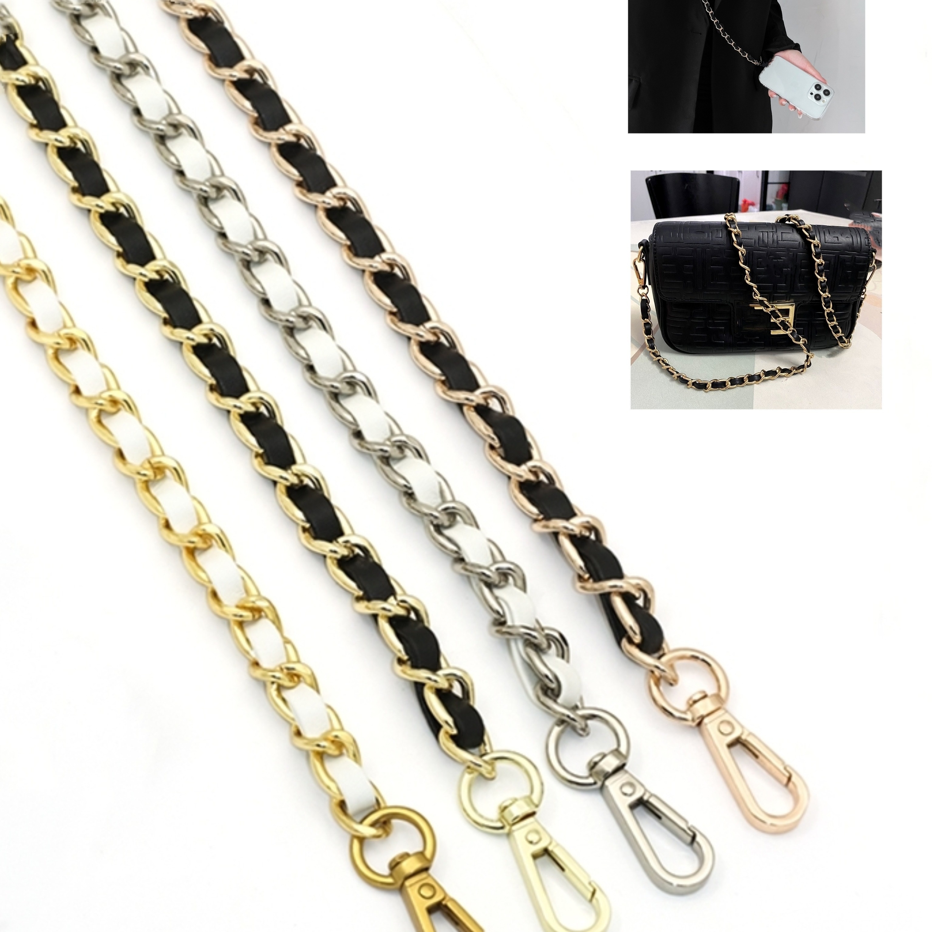 Metal Plus Leather Purse Chain Strap Gold Black Silver - Temu