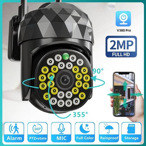 360 Degree Full HD Monitoring Equipment 2MP WiFi Outdoor Security IP Camera Wireless Digital Zoom Auto Tracking Night Vision Surveillance Camera Electronic Equipment White With 28 Lights Black