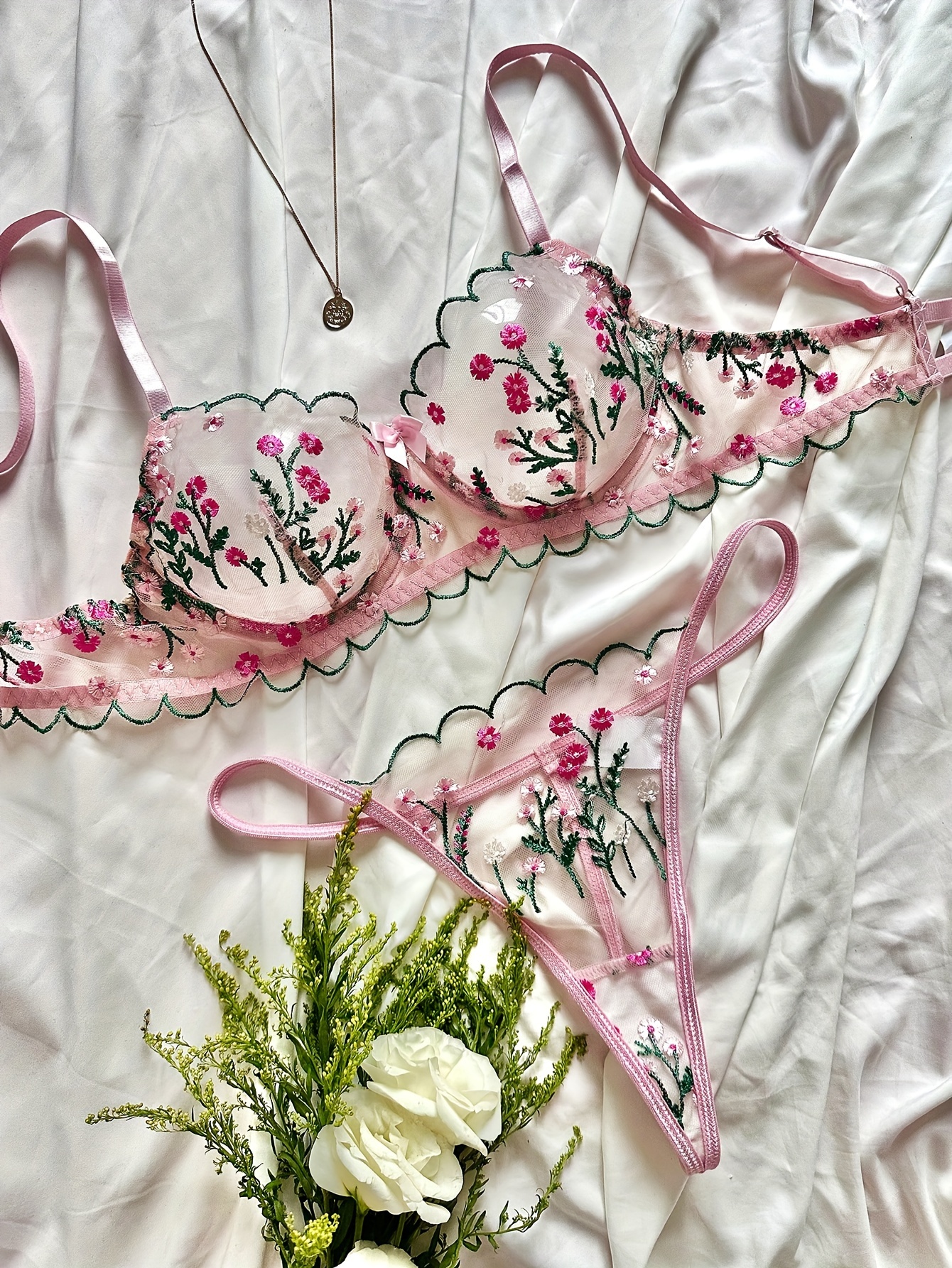 Floral Embroidery Lingerie Set, Bow Tie Push Up Bra & Mesh Panties, Women's  Sexy Lingerie & Underwear