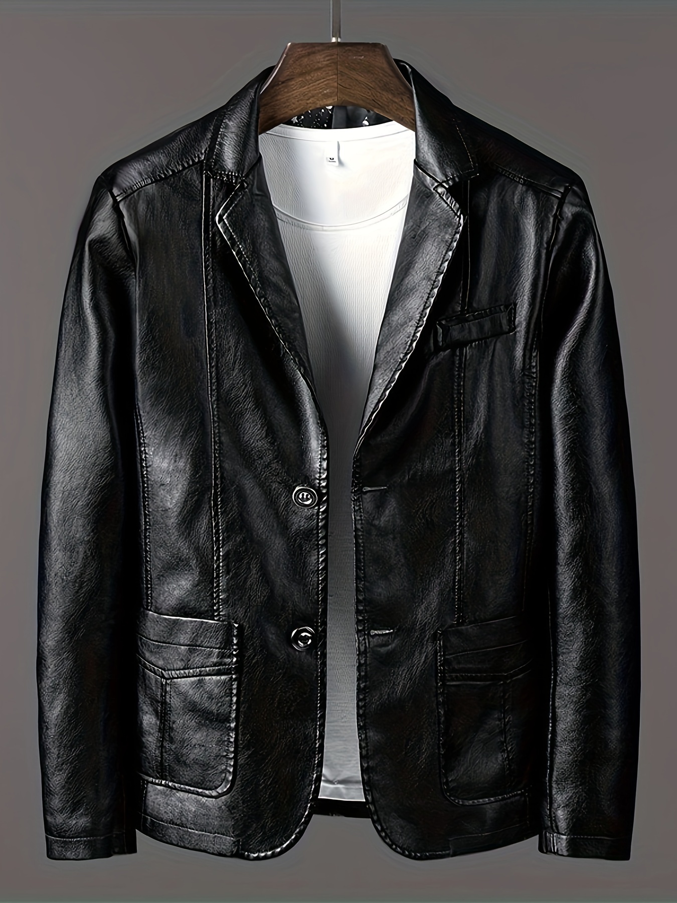 mens pu leather lapel button up cool trendy jacket for autumn winter wear