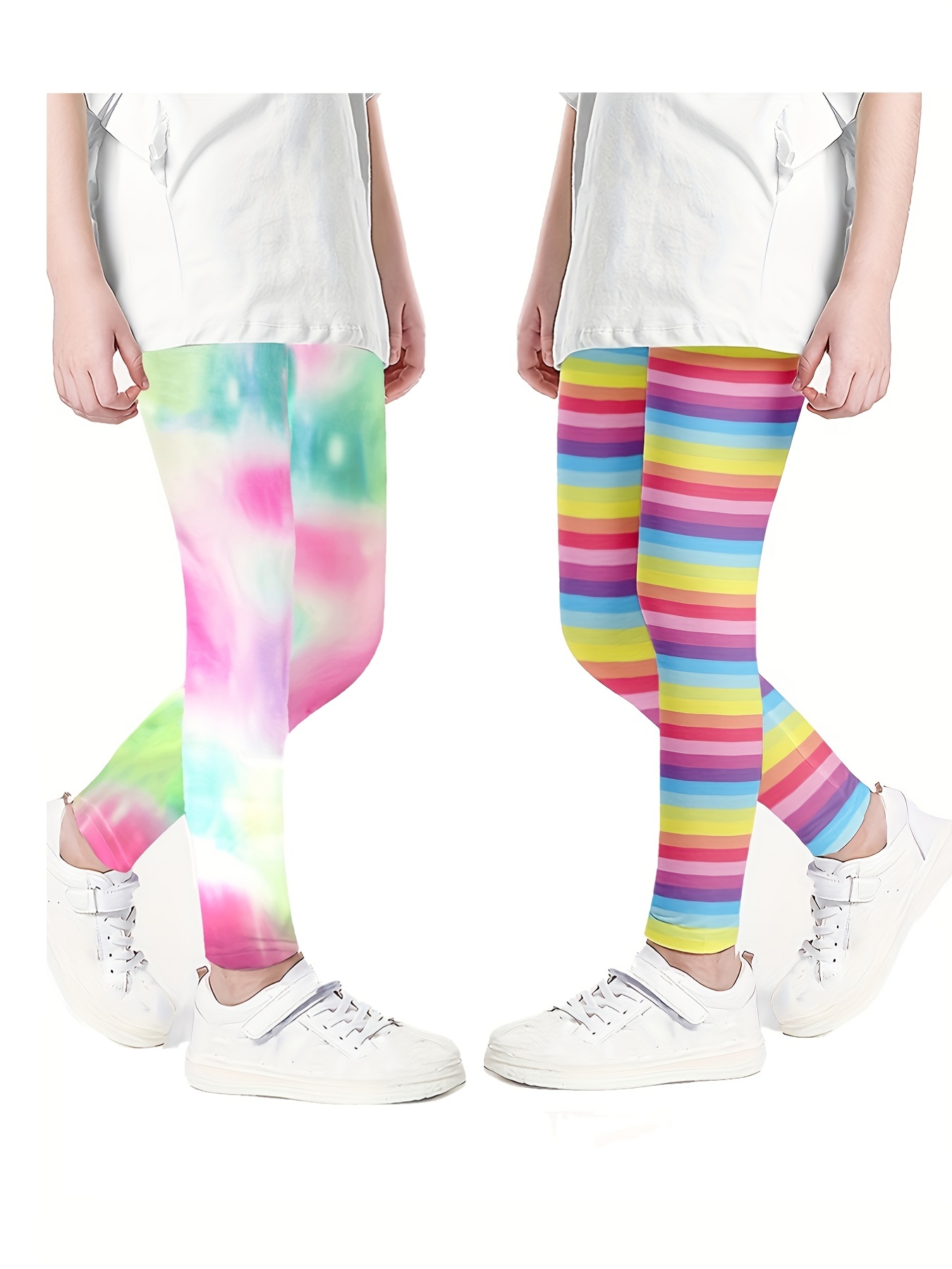 2pcs/set Toddler Girls Tie Dye Rainbow Stripes Stretch Soft Athletic  Workout Leggings High Waist Tight Slim Yoga Pants Kids Spring Summer Clothes