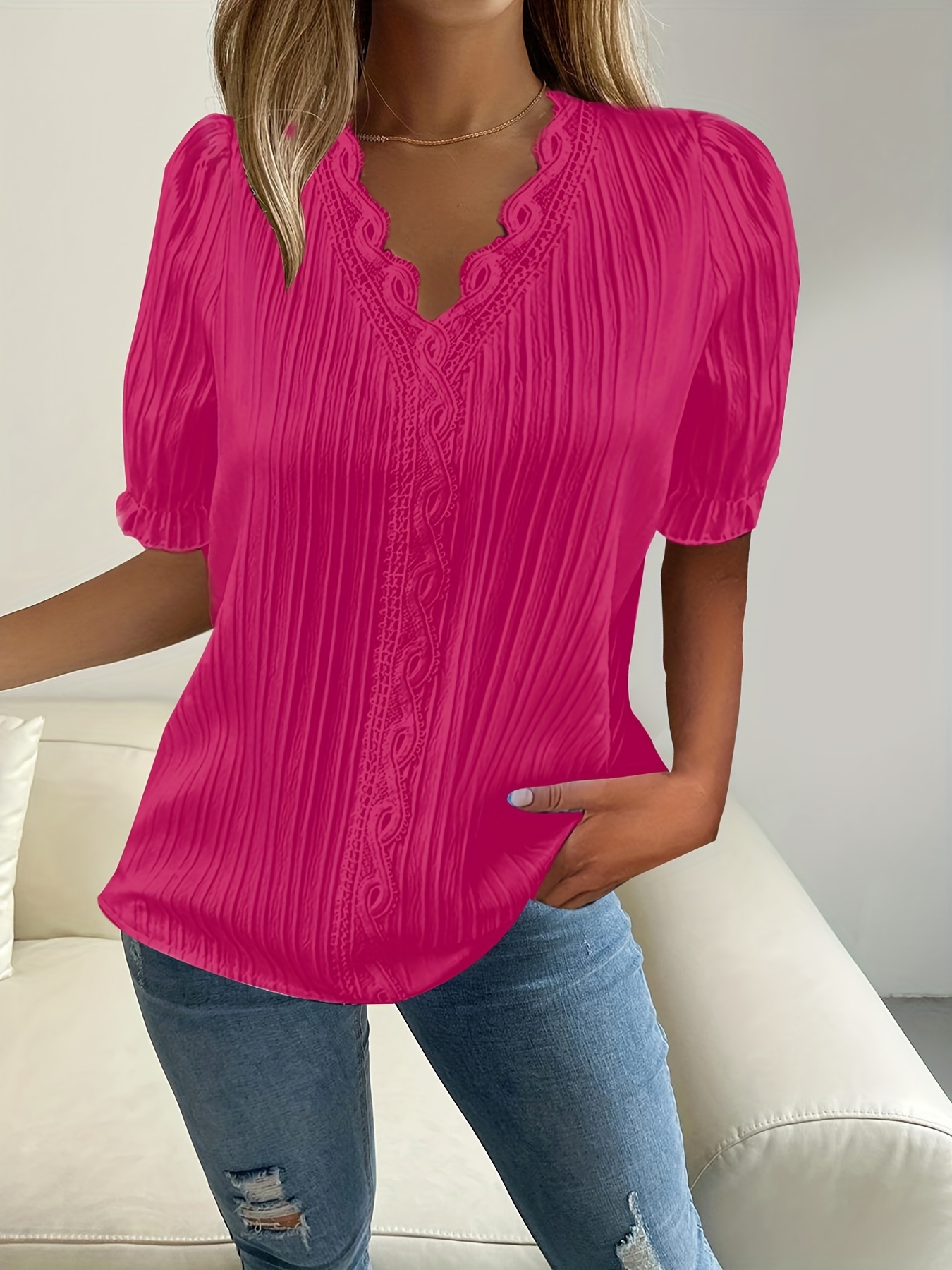 Women V Neck Lace Blouse Temu