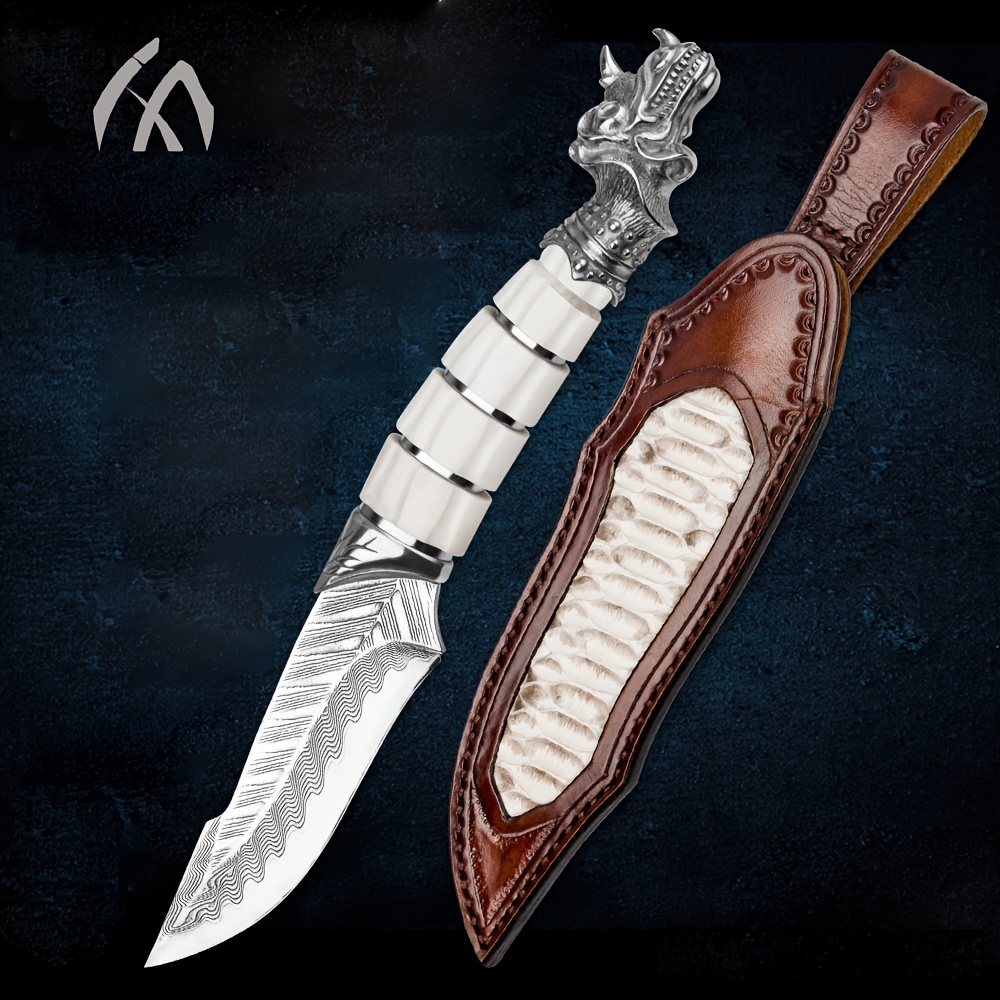  SHARD Cuchillo de caza, cuchillo de caza de acero de Damasco  hecho a mano, cuchillo de caza con funda, cuchillo de hoja fija con funda,  cuchillo de caza de hoja fija