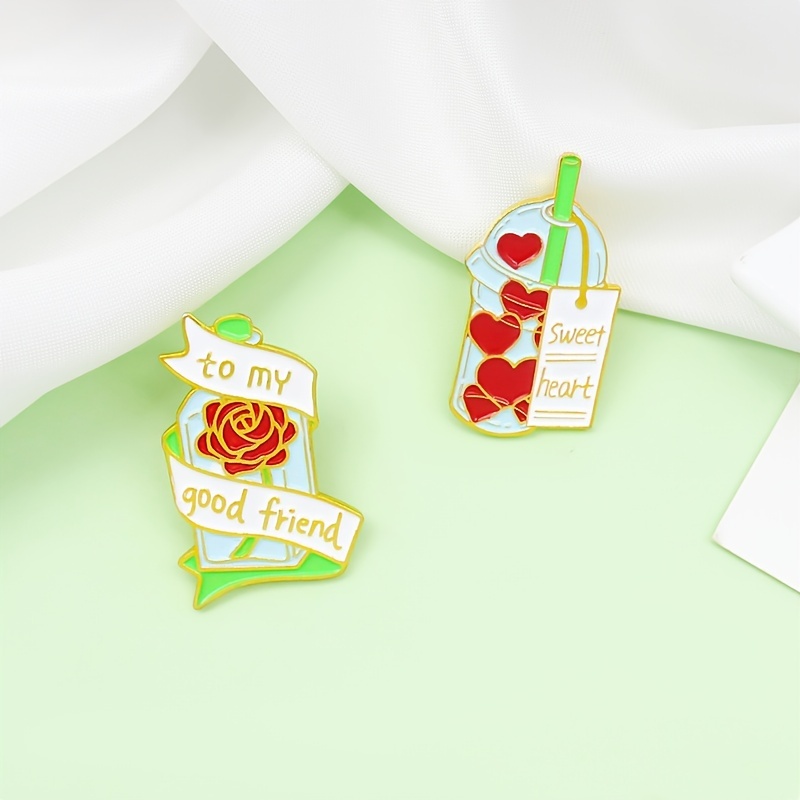 Red Heart Milk Tea Cup Rose Glass Bottle Brooch
