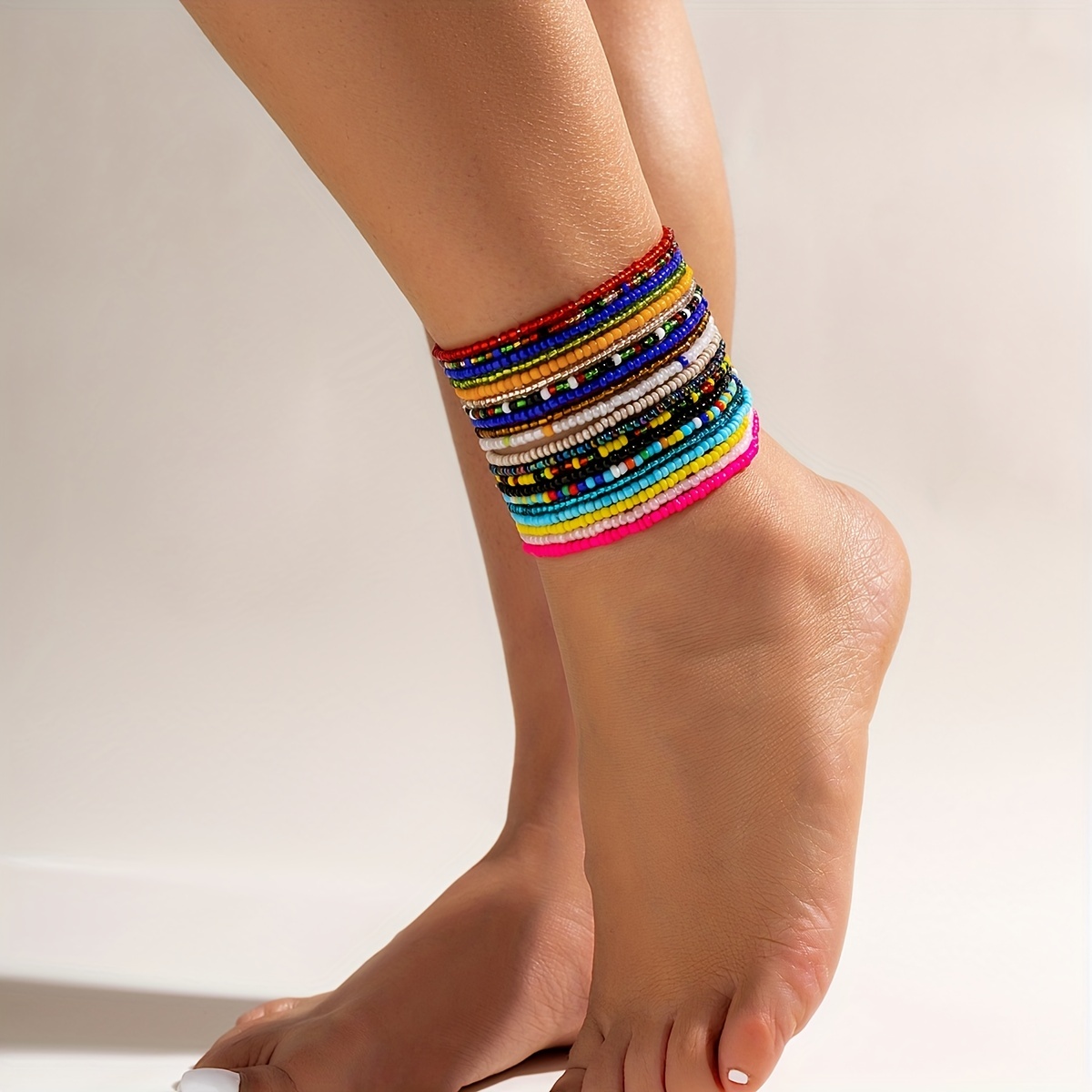 20 Pcs Stackable Beaded Anklet Set, Summer Foot Jewelry