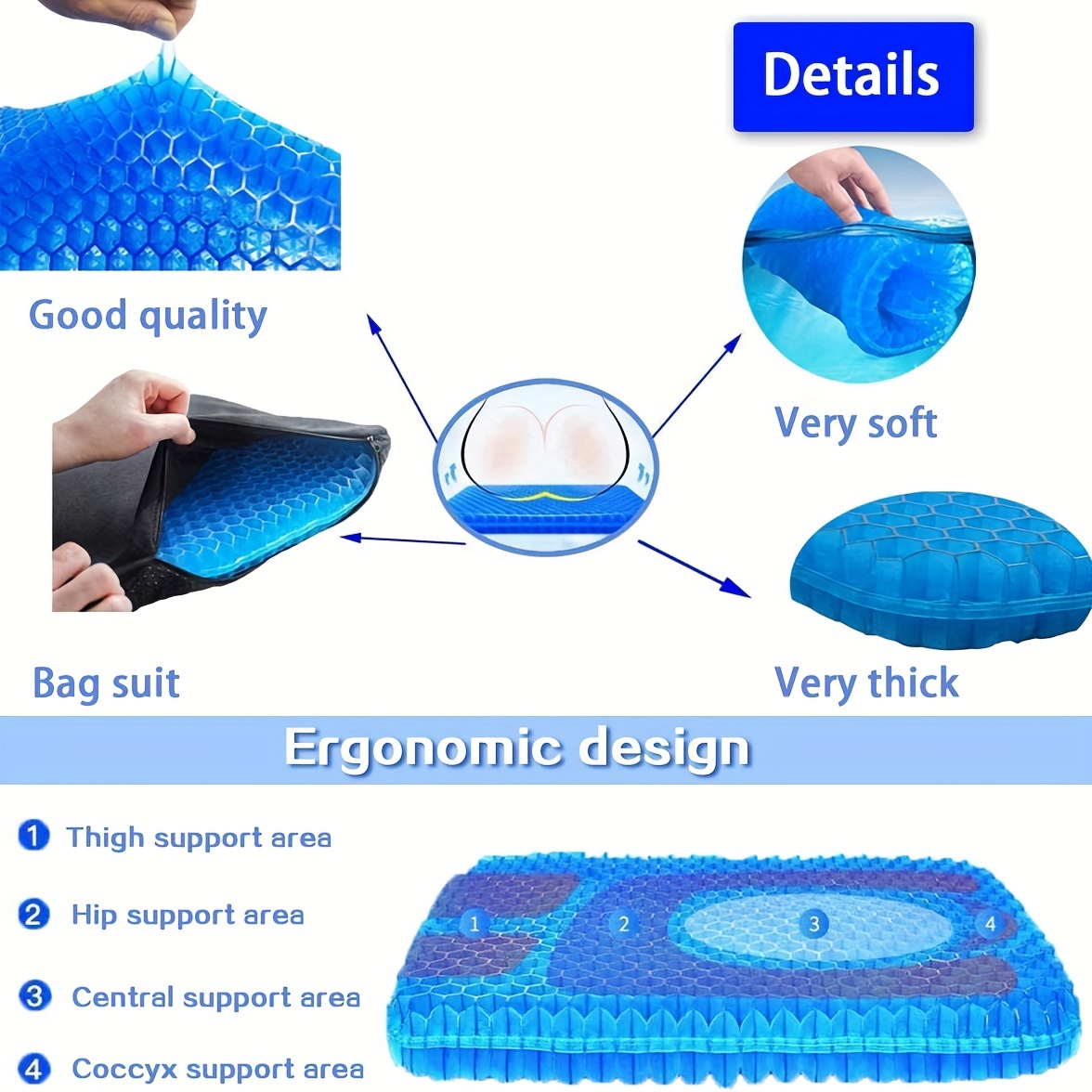 Gel Chair Seat Cushion for Office Chair - Orthopedic Polymer Gel Design -  Blue