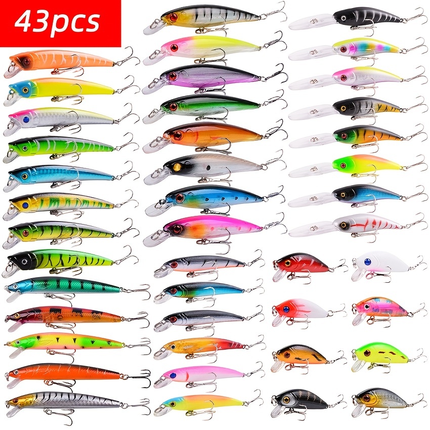 43pcs Sea Fishing Lures Mixed Set, 6 Kinds Lures With Minnow Crankbaits  Popper With High Carbon Steel Treble Hooks For Saltwater Freshwater