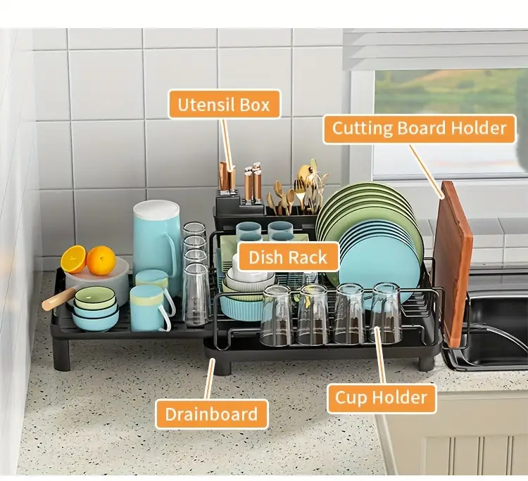 1pc multifunctional retractable dish draining rack anti rust kitchen organizer with cutlery cup holders space saving countertop drying mat for sturdy construction dish drying rack Product details 5