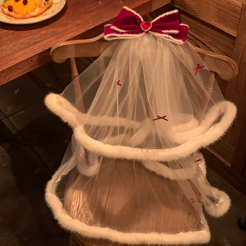 1pc winter wedding bridal white double veil red velvet bow - Temu