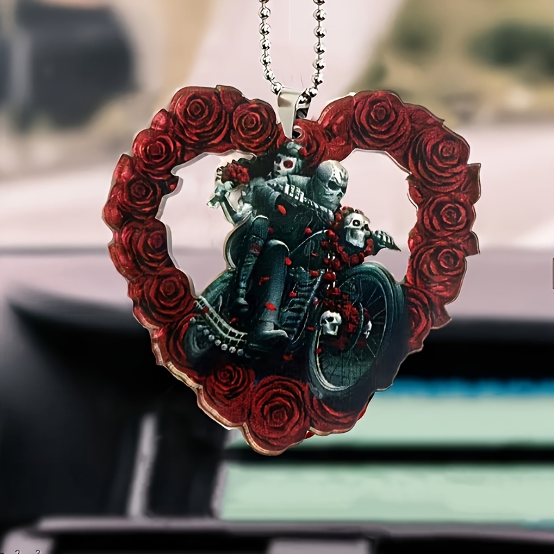 Skull Couple Pendant Heart Rose Car Rearview Mirror Hanging - Temu