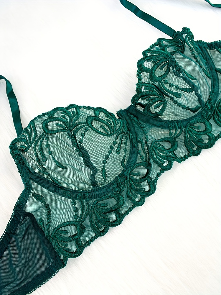 Ivory Rose lace and mesh lingerie set emerald green
