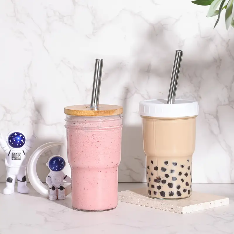 Glass Cups With Lids And Straws, Glass Smoothie Boba Cup, With Random Color  Cup Brush And Random Color Funnel, Glass Coffee Cup With Lid And Straw, Ice  Coffee Cup, Christmas Gifts 