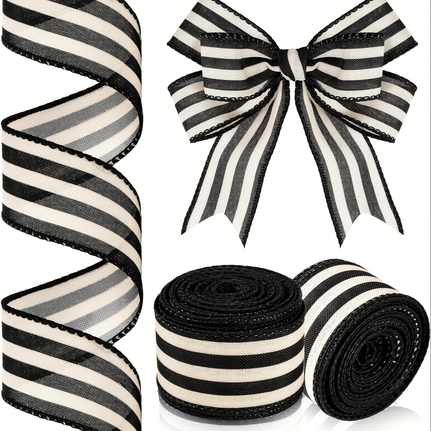Christmas Black And Cream White Stripes Wired Edge Ribbon - Temu