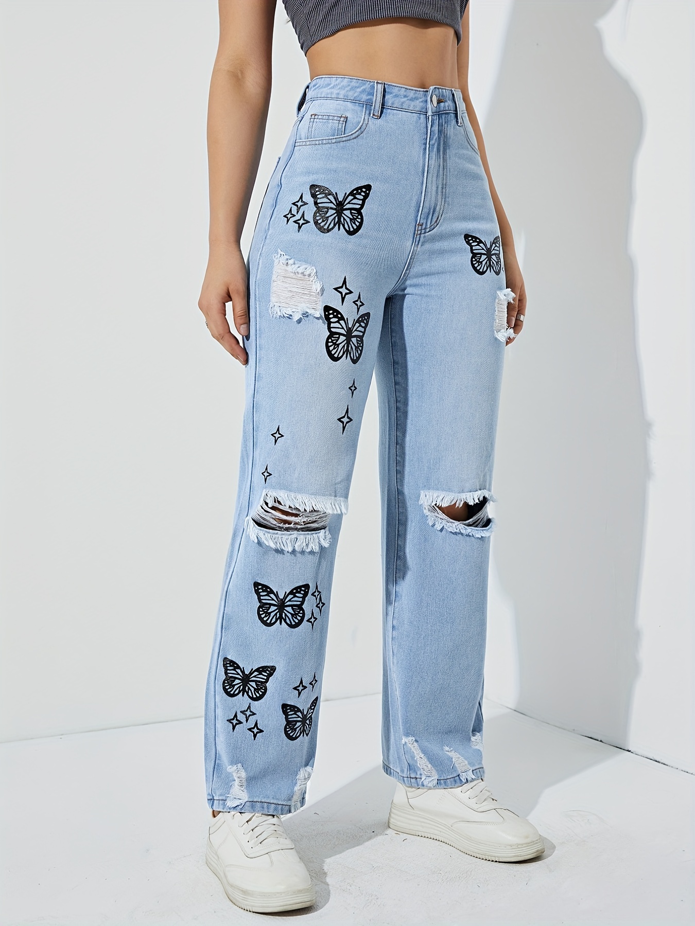 * Wash Ripped Detail Butterfly Jeans, Star Print Distressed High * Mom  Jeans, Women's Denim Jeans & Clothing