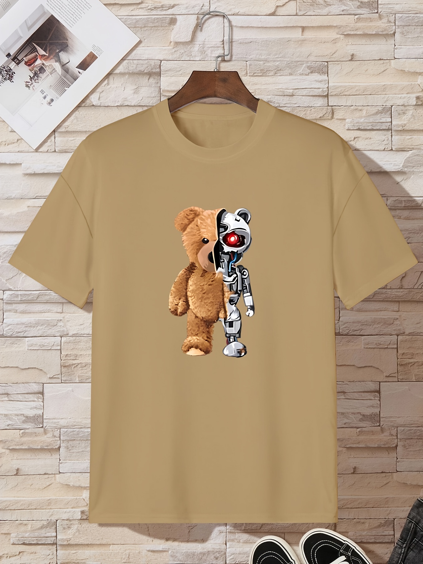 Men's Robot Bear Print T-shirt, Trendy Graphic Tee For Summer - Temu