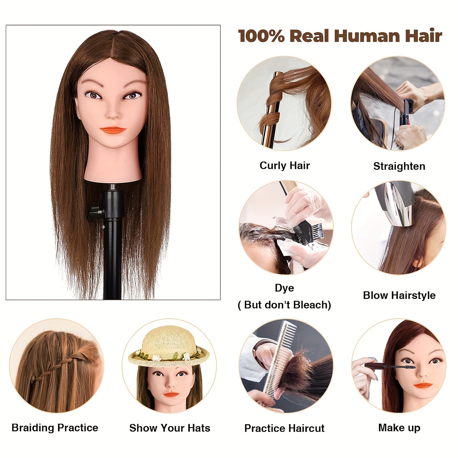 1pc Mannequin Head With 100% Real Hair For Braiding, Hair Styling Practice  With 1pc Stand