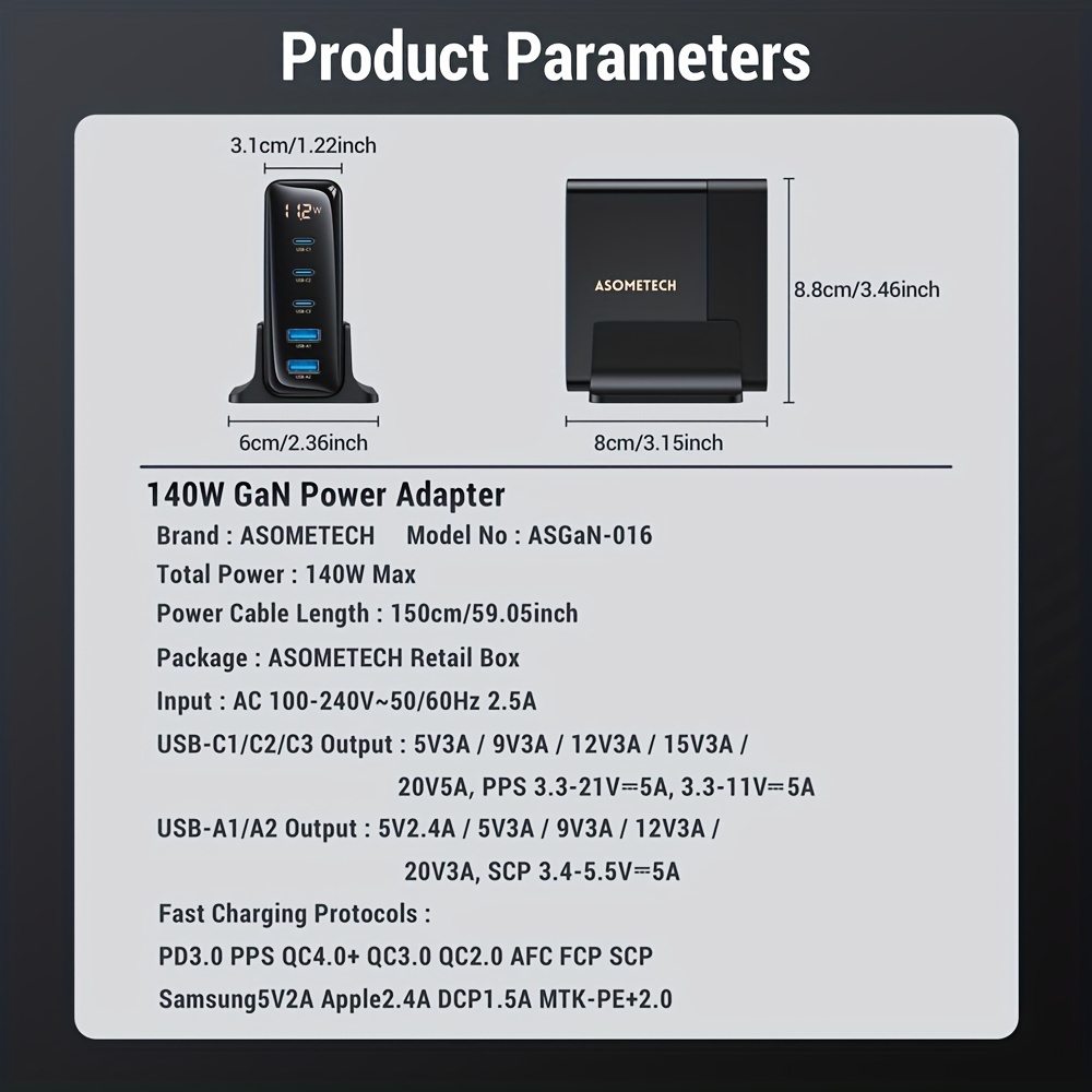 Chargeur 65W GaN Charge Rapide 4.0 3.0 AFC SCP PD 3.0 USB Et USB-C