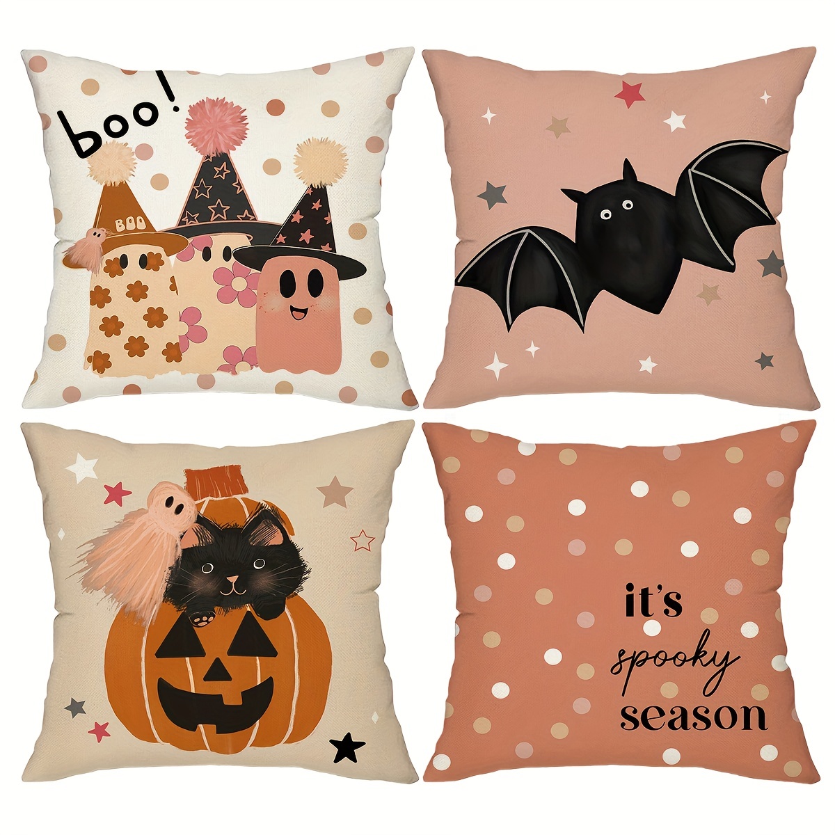 TEMU 4pcs Halloween Boo Spooky Season Cute Throw Pillow Covers, 18 * 18inch Horror Pumpkin Bat Polka Dot For Couch Sofa Living Room Outdoor Home Decorations Set Of 4, Without Pillow