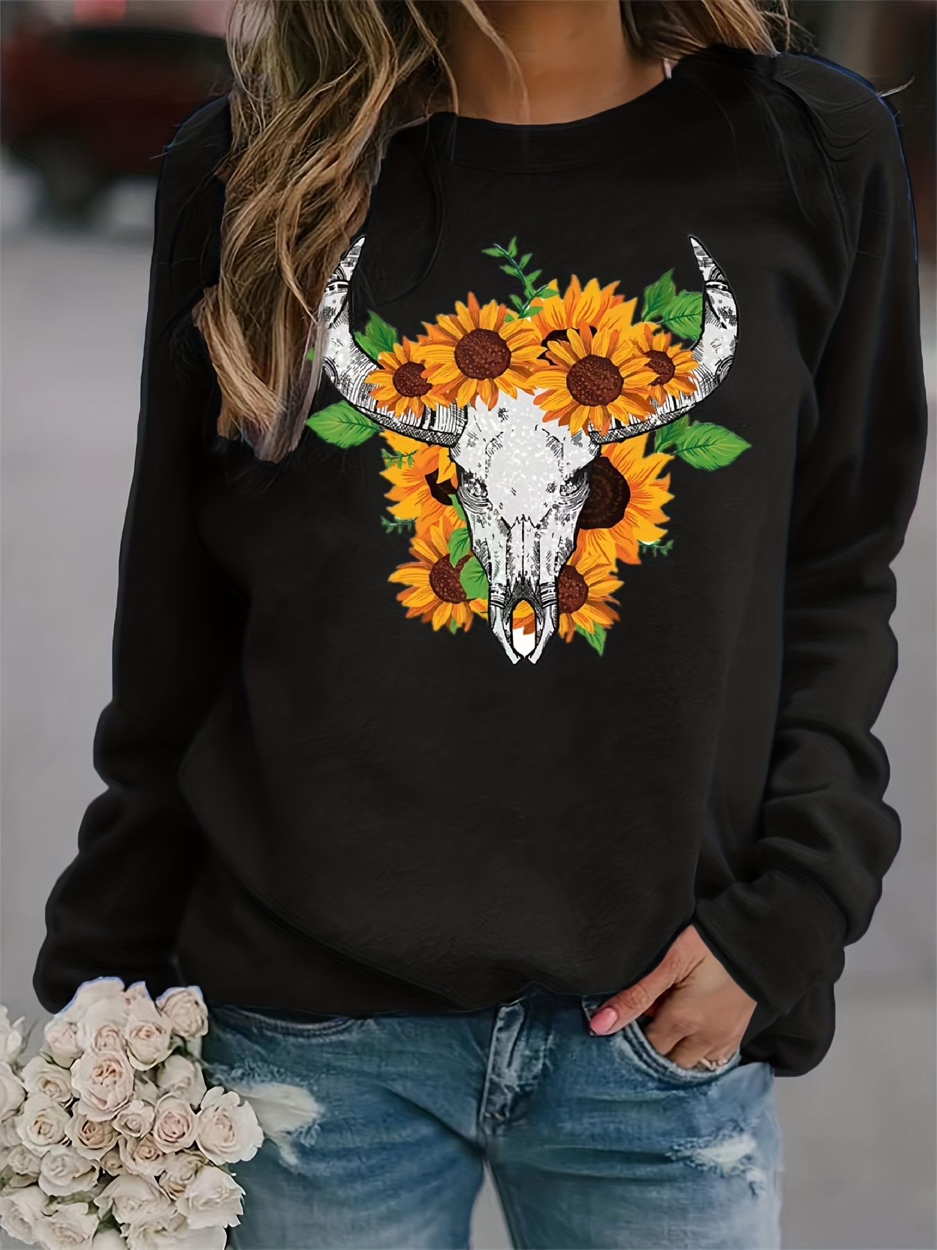 Cow Skull & Cowboy Print Pullover Sweatshirt, Casual Long Sleeve Crew Neck  Sweatshirt, Women's Clothing - Temu